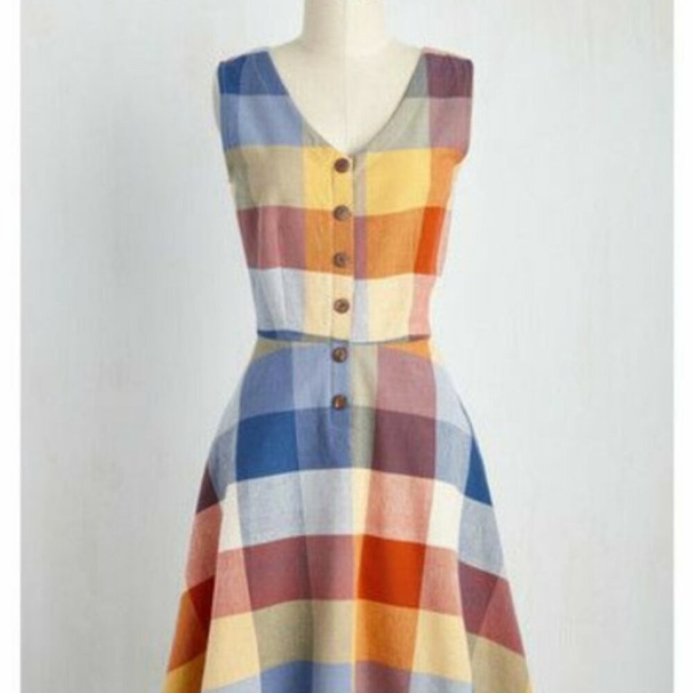 Anthropologie Mata Traders Midsummer Dream Sunset Plaid Button-Front Dress
